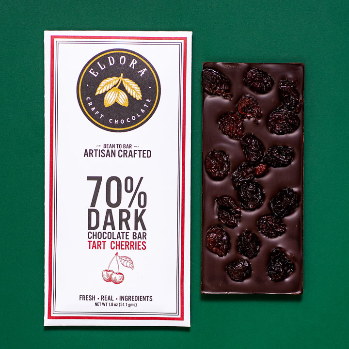 Bean to the bar Tart Cherry flavor in 70% dark Eldora chocolate
