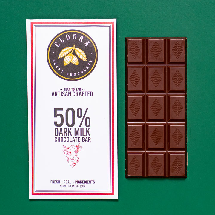 50% Dark Organic Milk Powder Chocolate Bar Eldora Craft Chocolate
