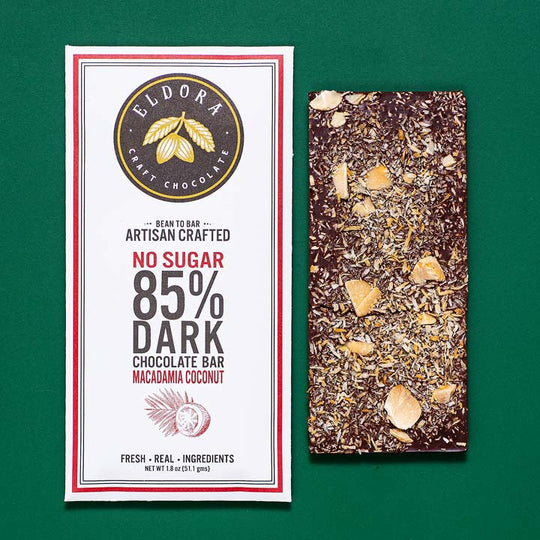 85% Dark No Sugar Coconut Macadamia Chocolate Bar Eldora Craft Chocolate